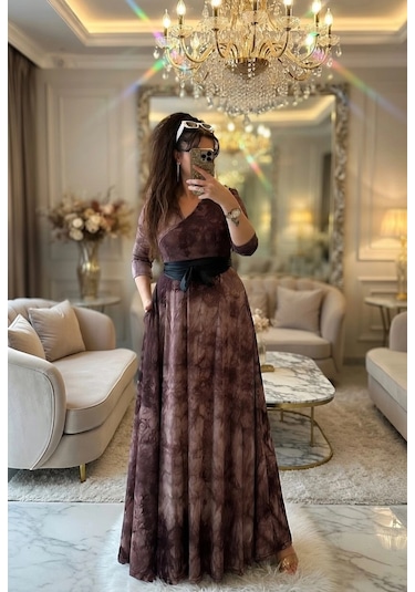 Azra Butik Tam Boy Kahve Dalga Desen Elbise
