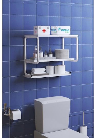 Üç Katlı Klozet Üstü Düzenleyici  Çamaşır Makinesi Duvar Rafı Ban Beyaz