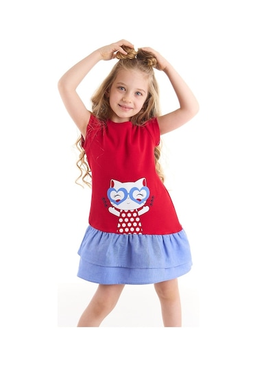 Denokids Kedi Fırfırlı Kırmızı Kız Elbise Kırmızı