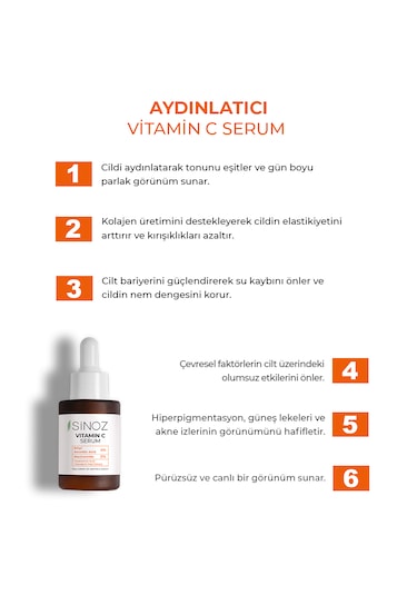 Sinoz Ton Eşitleyici Aydınlatıcı Vitamin C %4 Niacinamide %2 Yüz Serumu Tüm Ciltler İçin 30 ML