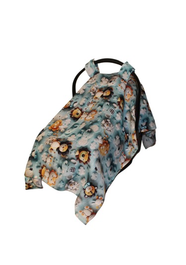 Sevimli Hayvan Desenli 3D Dijital Baskı Pamuk Müslin Kumaş Puset Örtüsü Mavi