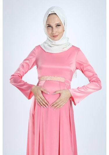 Moda Labio Modalabio Saten Tesettür Incili Pembe Hamile Elbise