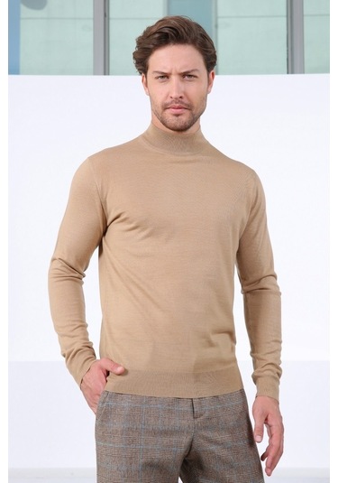 Ferraro Camel Yarım Balıkçı Superfine Yün Erkek Triko Kazak Camel