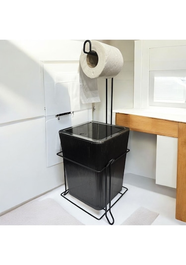 Suntel Lüks Banyo Mutfak Çöp Kovası Metal Standlı Tuvalet Kağıtlık Seti Siyah
