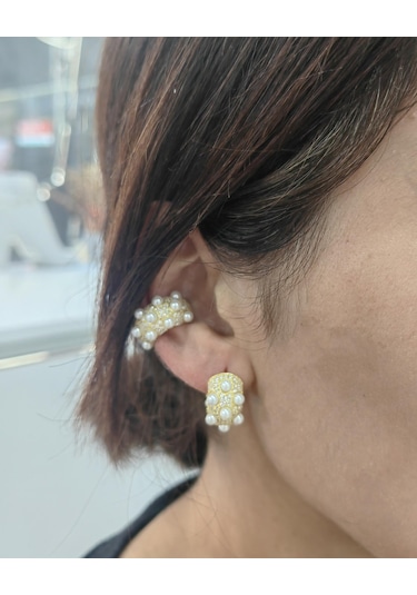 İncili Elegance Kalın Gümüş Halka Küpe - Gold Renk Altın