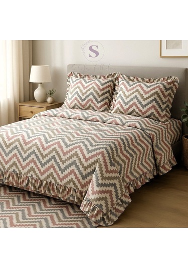 Chevron Desenli Fırfırlı % 100 Pamuk Çift Kişilik Nevresim Takımı Çok Renkli