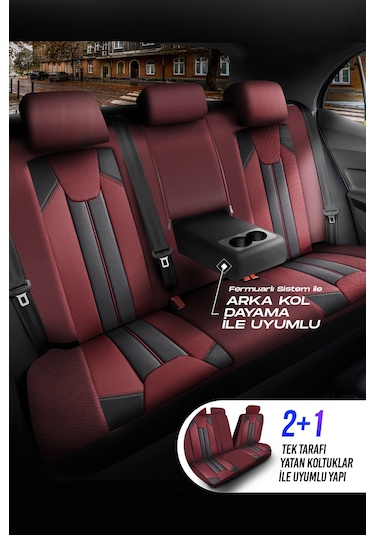 Bordo - Siyah Panda Carlone Serisi Ful Deri Oto Koltuk Kılıfı - Tam Set