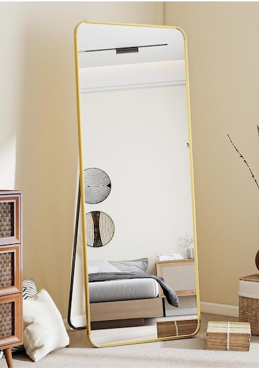 Pera 140x55 Yuvarlak Köşeli Yer Aynası Ayaklı, Asılı, Duvara Yaslı, Yatak Odası, Giyinme Odası Gold