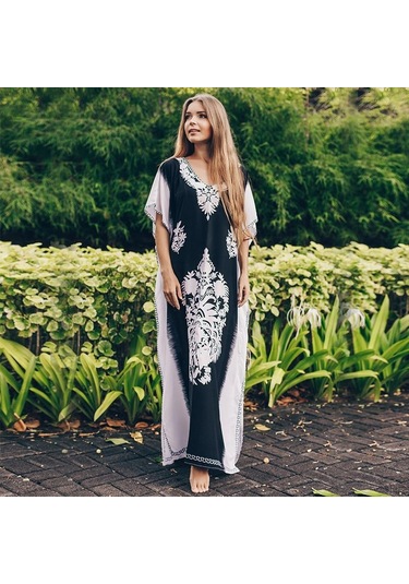 Edolynsa Kadın V Yaka Etnik Baskı Kaftan Siyah