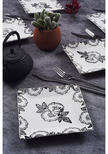 Piatti Naturali 6'lı Black Rose Tatlı Tabak Seti Sunum Servis Pasta 15 Cm