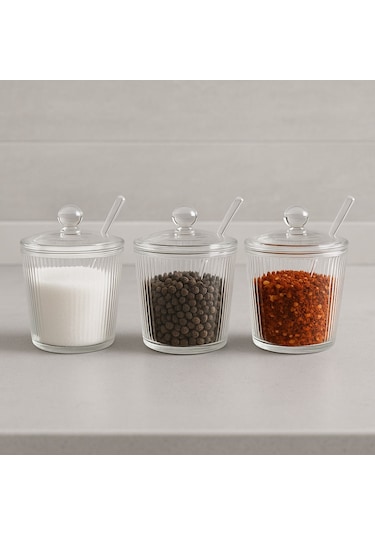 Morponi 3'lü Borosilikat Cam Optik Çizgili Baharatlık Seti Beyaz