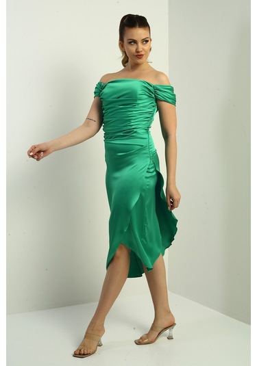 Kadın Madonna Yaka Drapeli Asimetrik Saten Kısa Elbise Yeşil