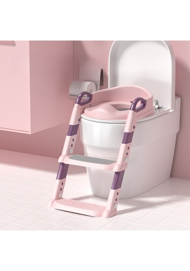Dekohop Çocuk Merdivenli Klozet Adaptörü Yükseklik Ayarlı Pratik Pembe