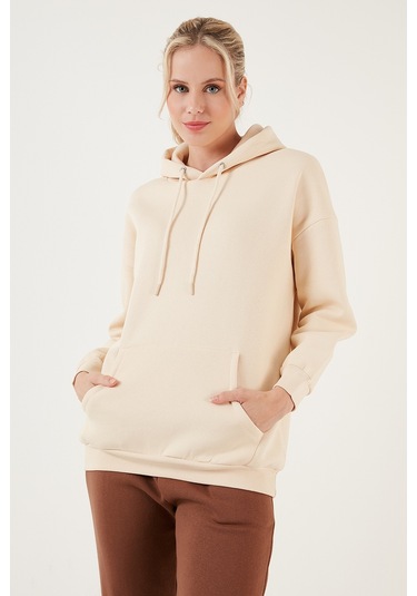 Lela Regular Fit Pamuklu Kapüşonlu Yaka Şardonlu Kışlık Bayan Sweat 5863854 Taş