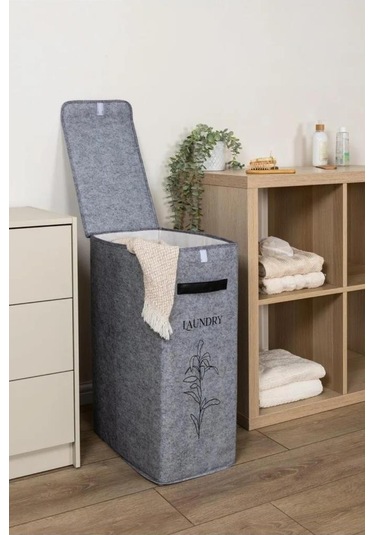 Flosoft Deri Detaylı Kapaklı Keçe Çamaşır Sepeti, Çok Amaçlı Çamaşır Oyuncak Saklama Kutusu Gri