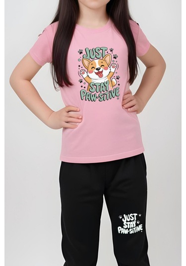 Just Stay Paw Baskılı Kız Çocuk Tişört Ve Eşofman Alt-üst Takım Açık Pembe