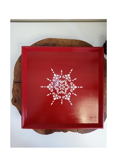 Yeni Yıl Tepsisi Ahşap Dekoratif Kare Kahve, Çay, Söz, Nişan, Sunum , Servis Tepsisi Kırmızı