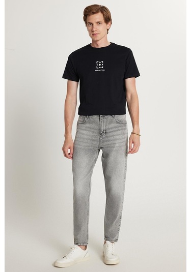 Erkek Relax Fit Geniş Kesim Boru Paça Denim Yıkamalı Taşlamalı Esnek Gri Jean Kot Pantolon-34488 Gri