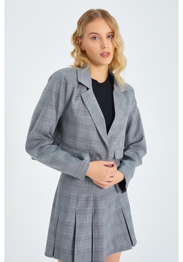 4581 Kadın Ekoseli Crop Ceket Gri Gri