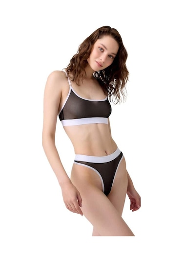 Siyah Beyaz Lastik Detaylı Transparan Tüllü Ayarlanabilir Askılı Kadın Sütyen Takımı Siyah - Beyaz
