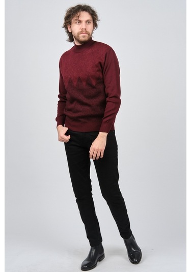 Ateş Triko Erkek Yarım Balıkçı Yaka Desenli Kazak 6091804 Bordo Bordo