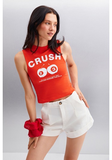 AZURA Kadın Baskılı Kısa Kollu Crop Kırmızı T-Shirt