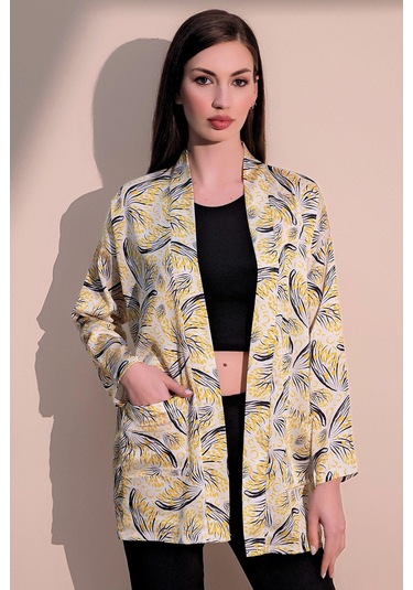 Kadın Sarı Safari Desen Yeni Moda Saten Çift Cepli Salaş Kimono Ceket - Tesettüre Uygun Sarı