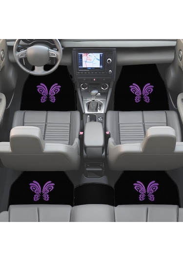 Kelebek Desenli Mor Nakışlı 5 Parça Siyah Oto Halı Paspas Seti Kadın Sürücülere Özel Şık Tasarım