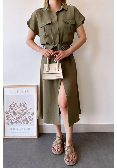 Kadın Haki Kısa Kol, Gömlek Yaka, Düz Desen, Çift Cepli, Aerobin Kumaş, Kuşaklı Maxi Elbise Haki