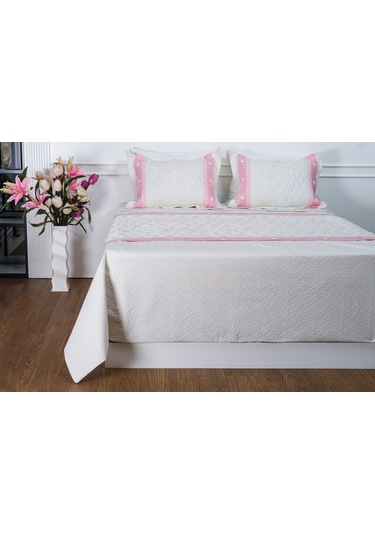 Finezza Gülfem Pamuk Baskılı  Krem Pembe Yatak Örtüsü Seti Çift Kş. 6 Parça