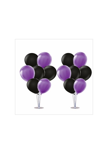 2 Adet Ayaklı Balon Standı 7li Set, 14 Adet Mor, Siyah Balon Çok Renkli