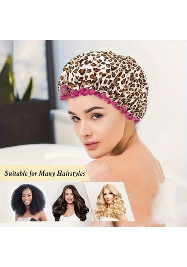 Elmpaly 4 Adet Çift Katlı Duş Bone - Zebra Leopar Nokta Çiçek Desenli Saç Koruyucu Diğer