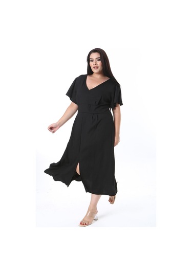 Kadın Büyük Beden Siyah Bürümcük Kumaş V Yakalı Ön Yırtmaçlı Elbise 65n38312-siyah Siyah