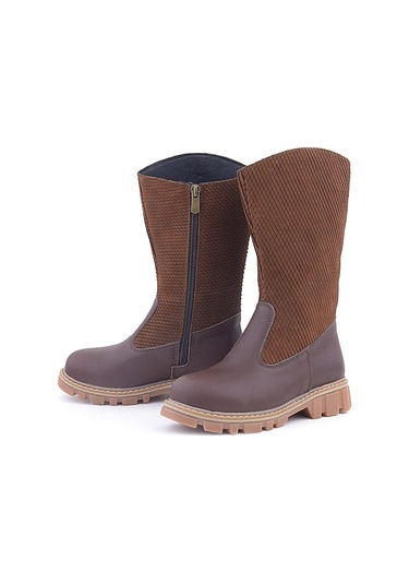 Rakerplus Hakiki Deri Taba Kahve Fermuarlı Uzun Kız Çocuk Çizme Taba