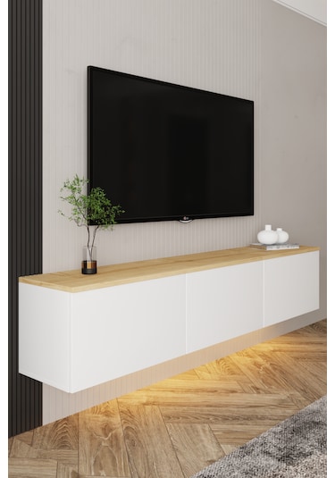 Neon Işıklı Duvara Monte Tv Ünitesi Beyaz - Safir Meşe