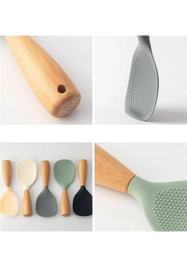 Fosenze Yemek Grubu Silikon + Ahşap Pişirme Kaşığı, Isı Dayanıklı, Dikey Konumlanabilir, Gri Renk, 1 Adet Pirinç Ve Yemek Servisi İçin