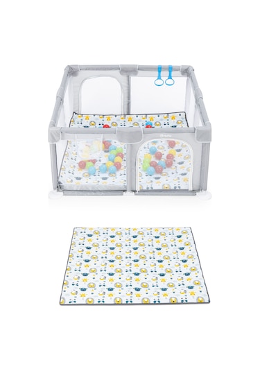 Playard Güvenli Bebek Ve Çocuk Oyun Alanı Oyun Parkı 120x120 Oyun Matı Topları Ve Yataklı Açık Gri
