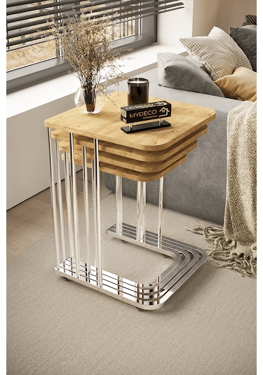 4'lü Tekerlekli Zigon Sehpa Gümüş Ayak Atlantik Çam 18mm Tabla