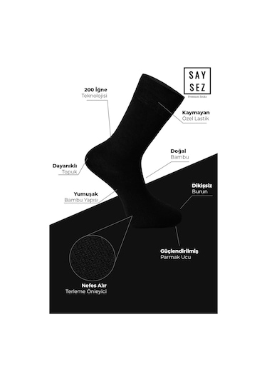 Saysez Bambu Erkek Soket Uzun Siyah Çorap Dikişsiz Premium Kutulu 6'lı Siyah