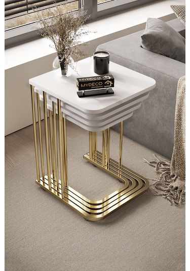 4'lü Zigon Sehpa Gold Ayak Beyaz 18 Mm Mdf