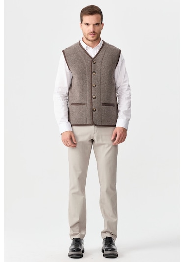 Erkek V Yaka Keçe Aksesuarlı Pike Dokuma Yün Yelek Vizon Vizon