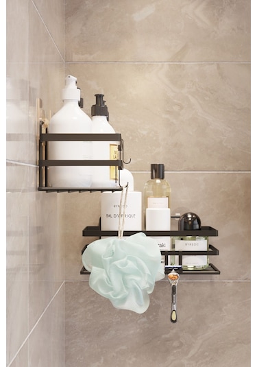 Suntel Yapışkanlı Ve Kancalı 2 Adet Banyo Rafı, Yapışkanlı Banyo Düzenleyici, Vidalama Yok Siyah