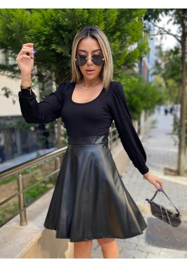 Stilaura Kadın Uzun Kollu Üst Viskon Alt Kloş Deri Elbise Siyah
