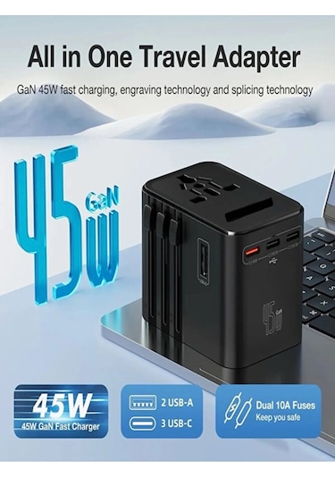 Evrensel Seyahat Şarj Adaptörü Fiş Priz Dönüştürücü Priz 45w /2xu