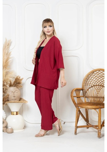 Bürümcük Kumaş Kimono Hırka Alt-üst Takım M-6xl Bordo