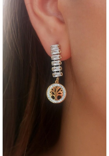 Altın Kaplama Hayat Ağacı Detaylı Zirkon Taşlı Çelik Küpe - Standart Altın