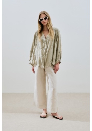 Keten Krushlı Düğmeli Bluz Yeşil Yeşil