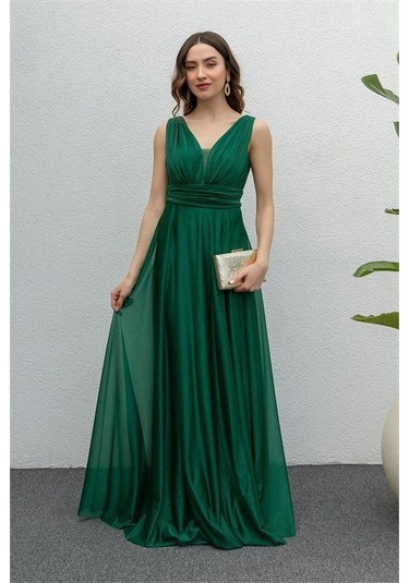 Neşeli Butik Kadın Zümrüt Drapeli Tül Abiye Elbise Nb2030 Yeşil