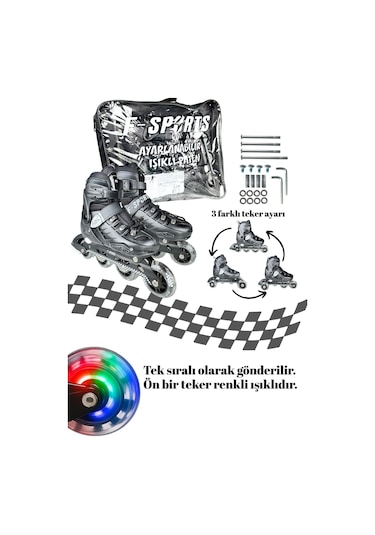 Black Seri Tek Teker Işıklı Paten Koruma Seti 2+2 Çocuk Pateni Taşıma Çantalı 3 İn 1 Siyah