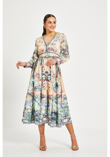 Kadın Desenli V Yaka Elbise Uzun Kollu, Kuşaklı, Astarlı Bej